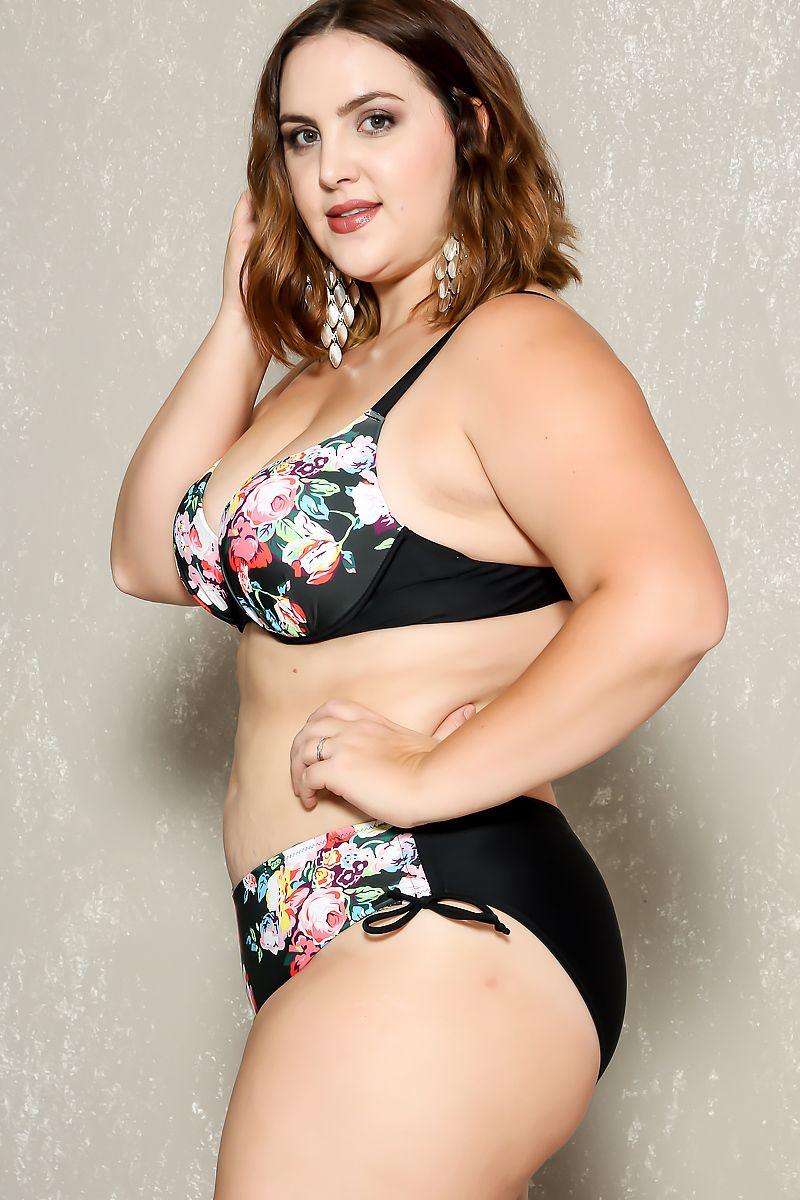 Sexy Black Floral Print Push Up 2Pc. Plus Size Swimsuit - AMIClubwear
