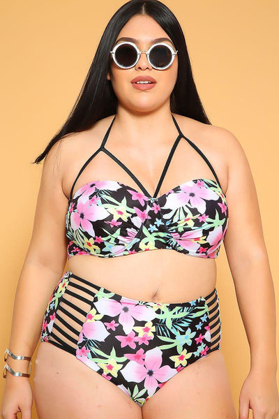 Sexy Black Floral Print Strappy Padded 2Pc. High Waist Plus Size Swimsuit - AMIClubwear
