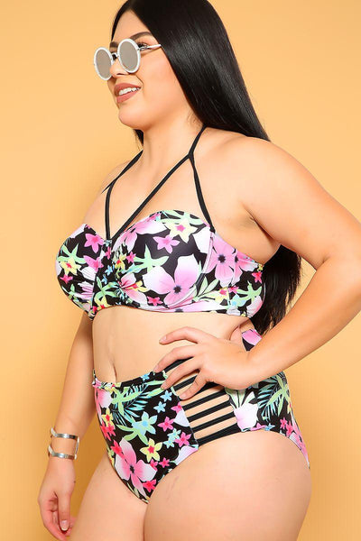 Sexy Black Floral Print Strappy Padded 2Pc. High Waist Plus Size Swimsuit - AMIClubwear
