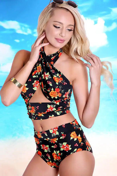 Sexy Black Floral Print Wrap Around High Waisted Two Piece Swimsuit - AMIClubwear