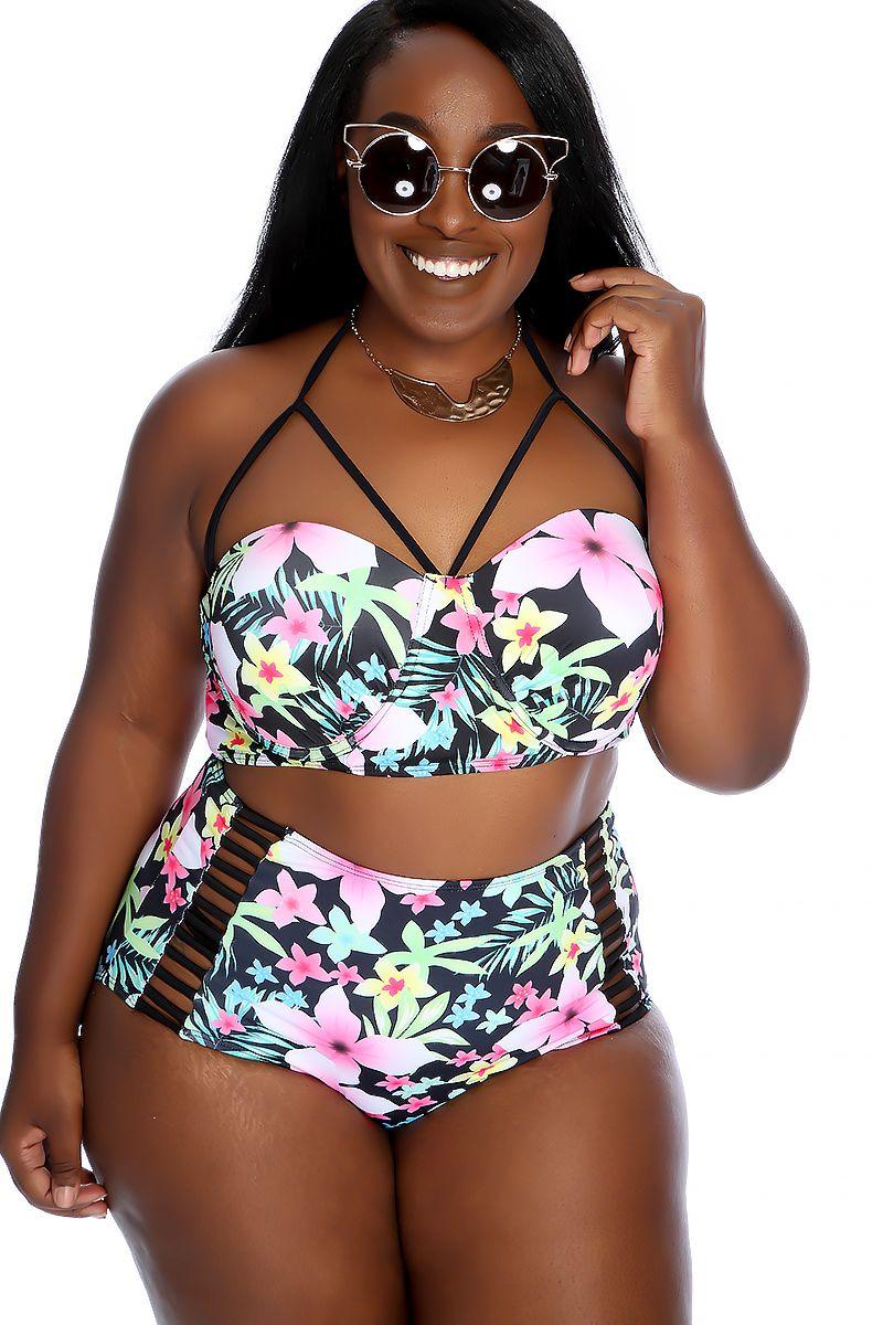 Sexy Black Floral Ruched Halter High Waist Two Piece Plus Size Swimsuit - AMIClubwear