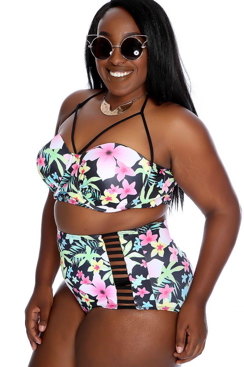 Sexy Black Floral Ruched Halter High Waist Two Piece Plus Size Swimsuit - AMIClubwear