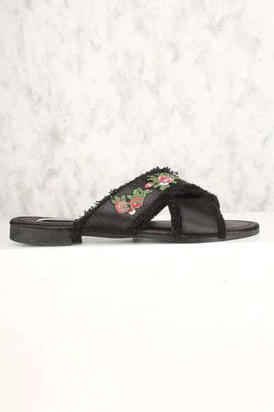 Sexy Black Frayed Floral Embroidered Slip On Sandals Satin - AMIClubwear