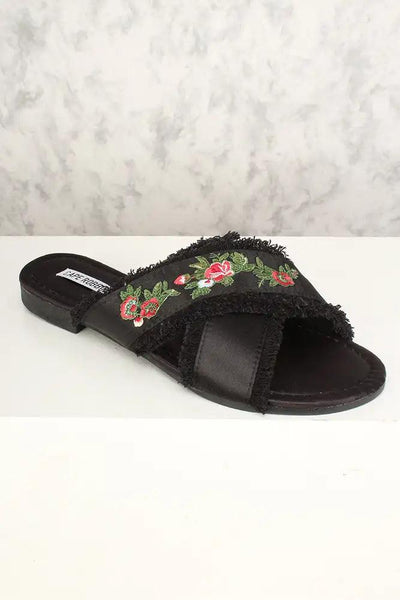 Sexy Black Frayed Floral Embroidered Slip On Sandals Satin - AMIClubwear