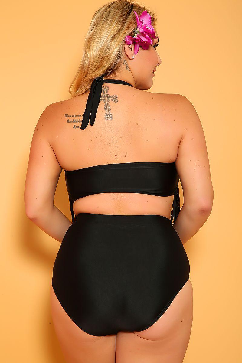 Sexy Black Fringe High Waist Plus Size Two Piece Swimsuit - AMIClubwear