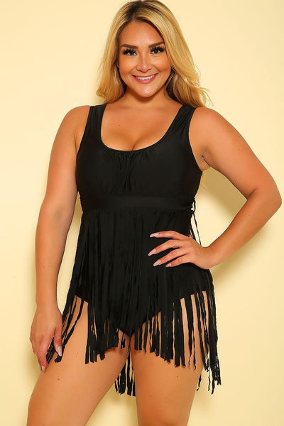 Sexy Black Fringe Plus Size One Piece Swimsuit - AMIClubwear