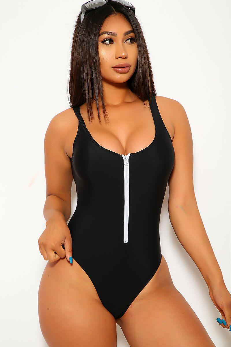 Sexy Black Front Zipper Padded One Piece Swimsuit - AMIClubwear