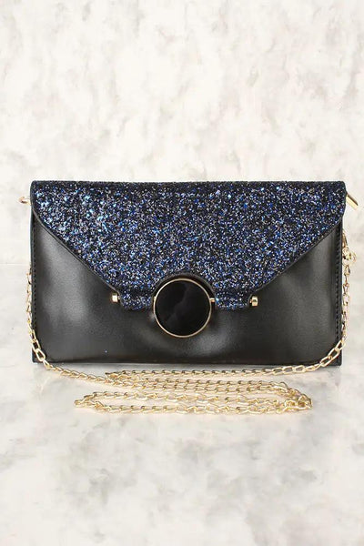Sexy Black Glitter Faux Leather Envelope Crossbody Handbag - AMIClubwear