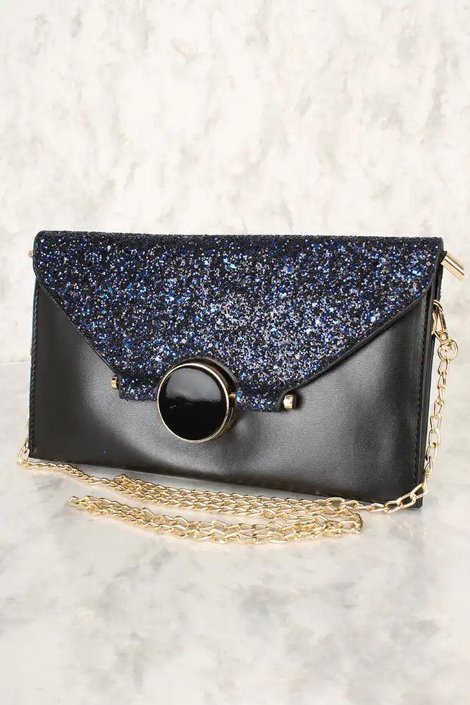 Sexy Black Glitter Faux Leather Envelope Crossbody Handbag - AMIClubwear