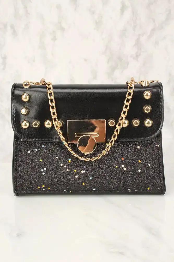 Sexy Black Glitter Faux Leather Mini Shoulder Handbag