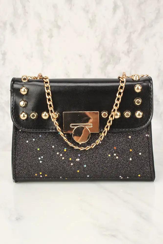 Sexy Black Glitter Faux Leather Mini Shoulder Handbag - AMIClubwear