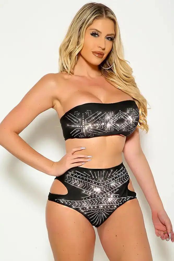 Sexy Black Glitter Pattern Strapless Padded Cheeky Two Piece Swimsuit