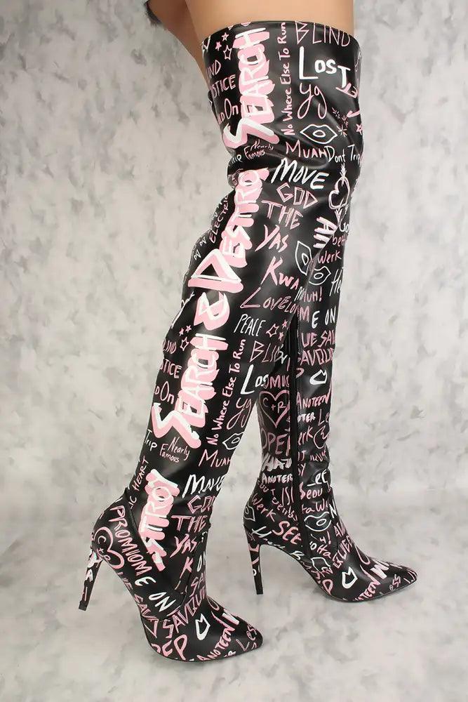 Sexy Black Graphic Print Pointy Toe High Heel Thigh High Boots Faux Leather - AMIClubwear