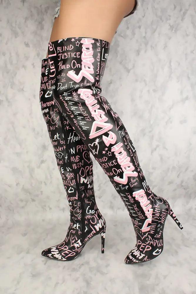 Sexy Black Graphic Print Pointy Toe High Heel Thigh High Boots Faux Leather - AMIClubwear