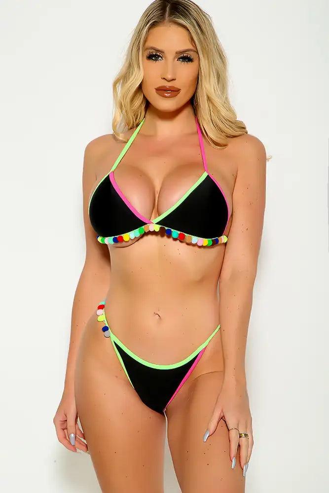 Sexy Black Green Color Block High Neck Padded Two Piece Swimsuit - AMIClubwear