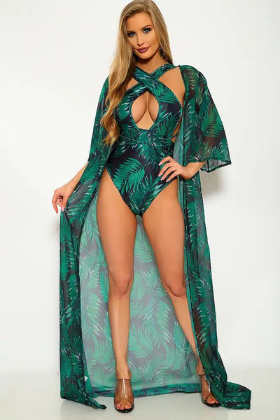 Sexy Black Green Leaf Print Swimsuit Cover Up Set - AMIClubwear