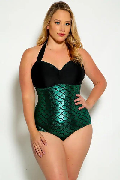 Sexy Black Green Mermaid Print Halter Padded Plus Size Bikini - AMIClubwear