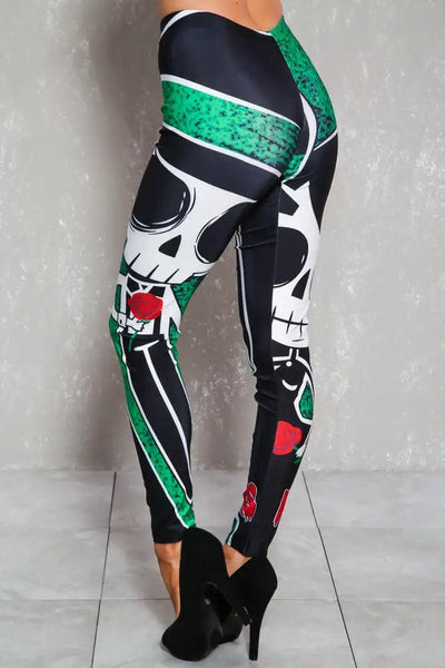 Sexy Black Green Rose Skull High Waist Halloween Leggings - AMIClubwear