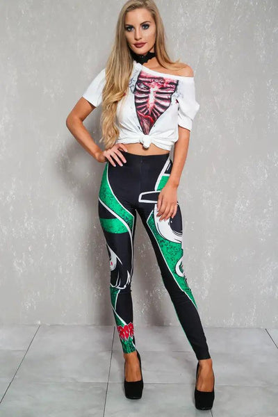 Sexy Black Green Rose Skull High Waist Halloween Leggings - AMIClubwear