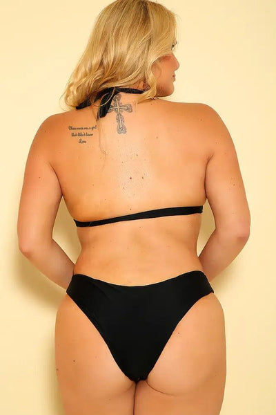 Sexy Black Halter Cheeky Plus Size Two Piece Swimsuit - AMIClubwear