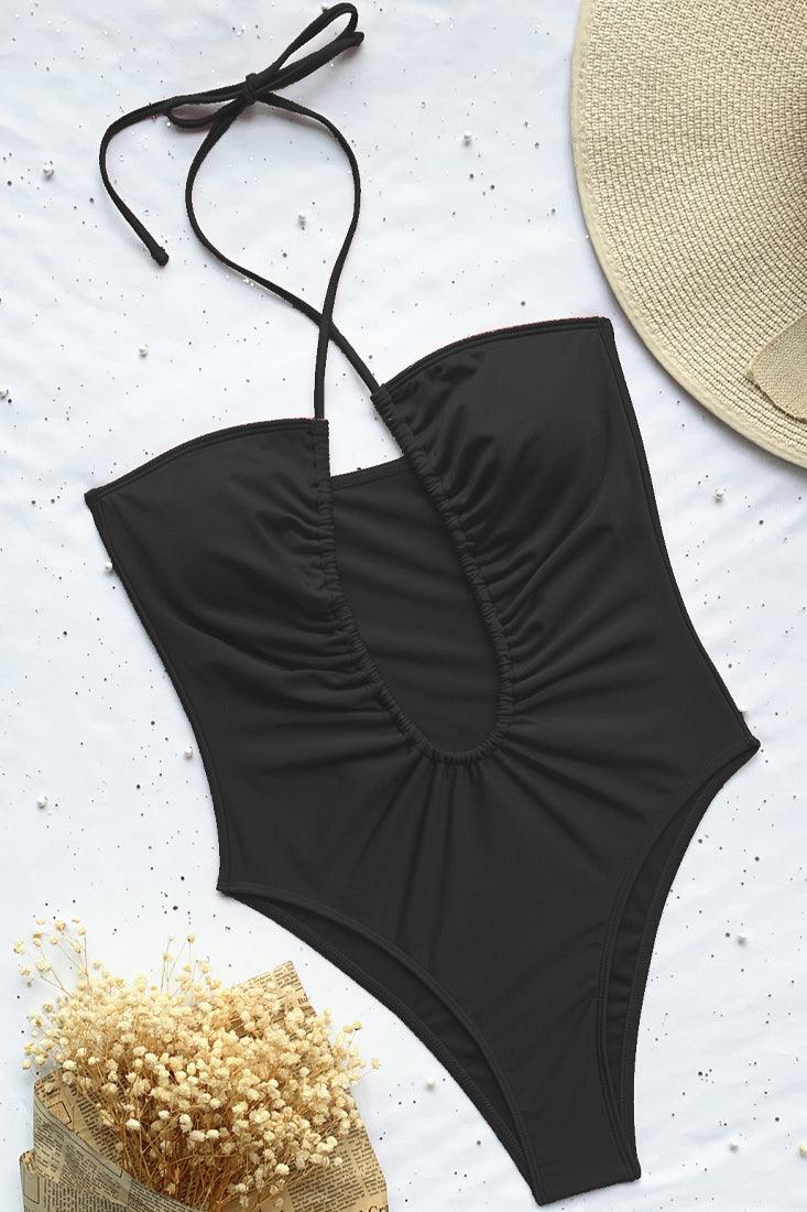 Sexy Black Halter Cut Out Ruched Monokini - AMIClubwear