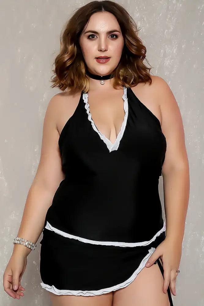 Sexy Black Halter Plunging Neckline Two Piece Plus Size Swimsuit - AMIClubwear