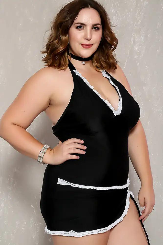 Sexy Black Halter Plunging Neckline Two Piece Plus Size Swimsuit - AMIClubwear