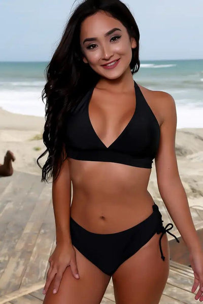Sexy Black Halter Ruched Detailed Two Piece Swimsuit - AMIClubwear
