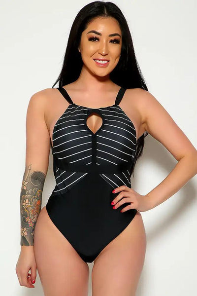 Sexy Black Halter Stripped Front Cut Out One Piece Swimsuit - AMIClubwear