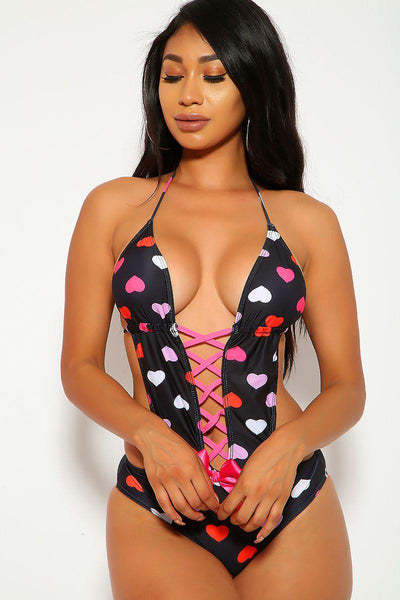 Sexy Black Heart Caged Bow One Piece Monokini Swimsuit - AMIClubwear