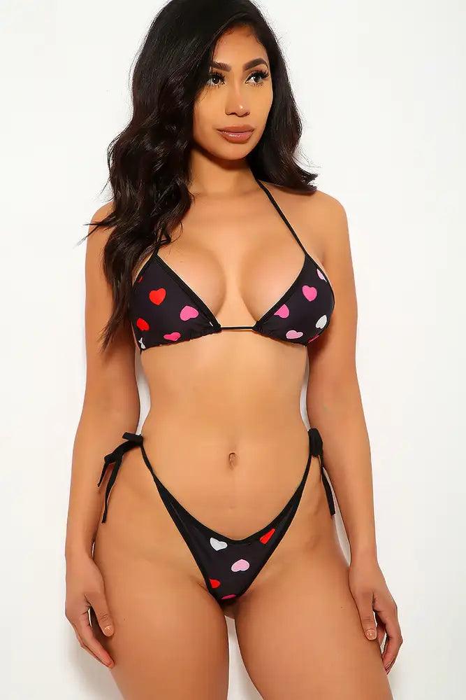 Sexy Black Hearts Print Two Piece Swimsuit - AMIClubwear