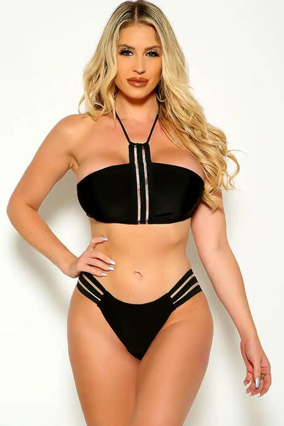 Sexy Black High Neck Halter Padded Two Piece Swimsuit - AMIClubwear