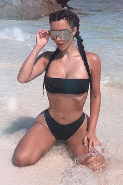Sexy Black High Shine Bandeau High Waisted Two Piece Swimsuit - AMIClubwear
