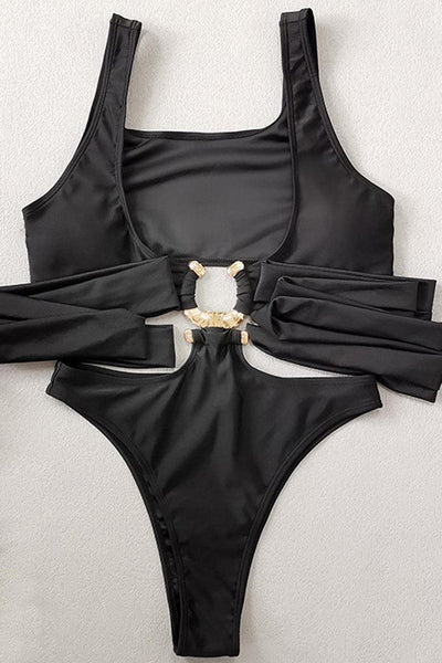 Sexy Black Hollow Out Metal Ring Accent Monokini - AMIClubwear