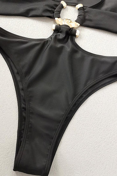 Sexy Black Hollow Out Metal Ring Accent Monokini - AMIClubwear