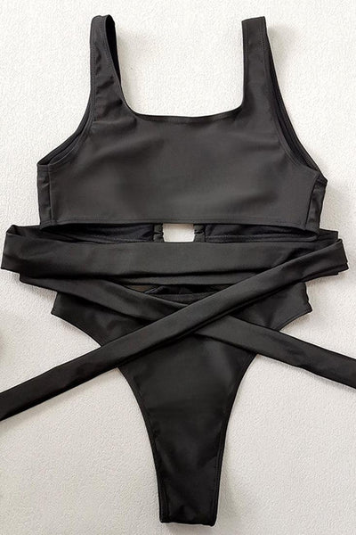 Sexy Black Hollow Out Metal Ring Accent Monokini - AMIClubwear