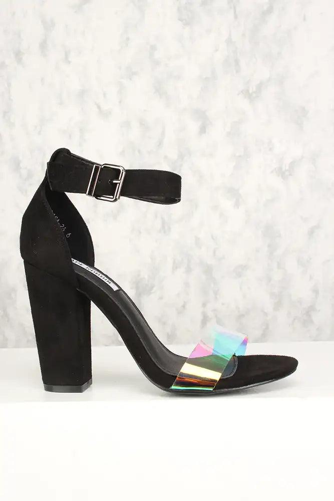 Sexy Black Holographic Open Toe Chunky High Heels Faux Suede - AMIClubwear