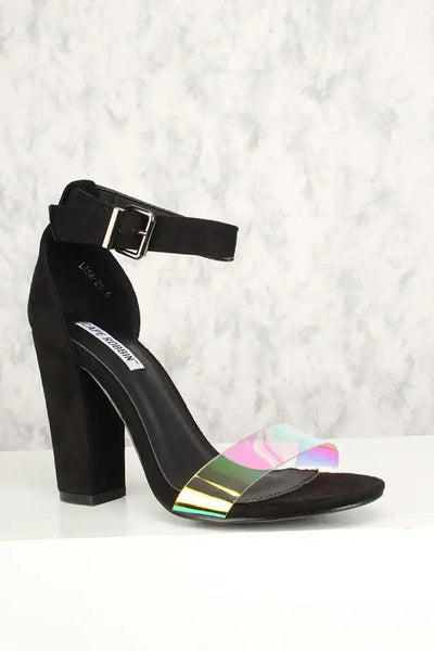 Sexy Black Holographic Open Toe Chunky High Heels Faux Suede - AMIClubwear