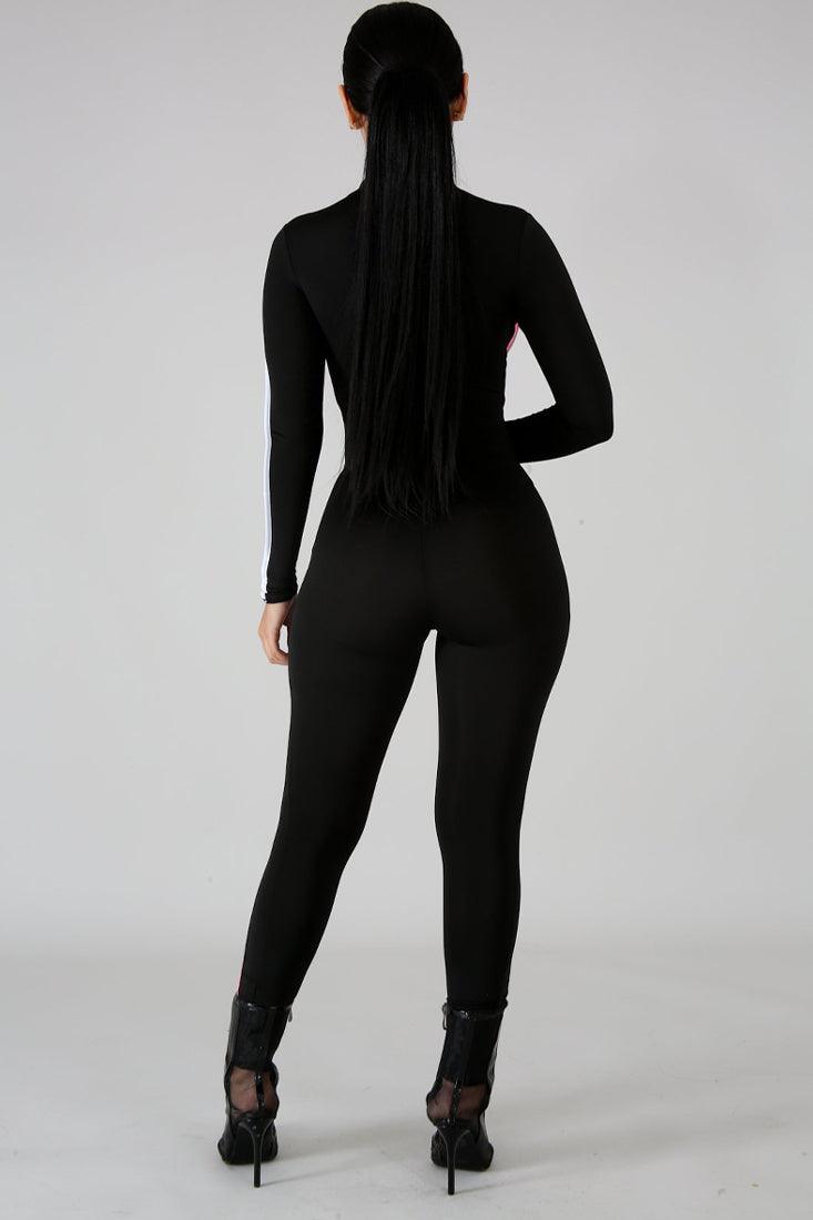 Sexy Black Jumpsuit With Pink Side Stripes - AMIClubwear
