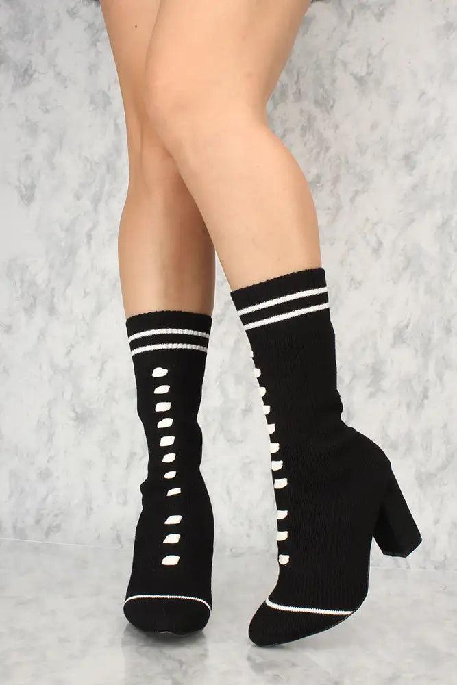 Sexy Black Knit Stripe Pattern Chunky Heel Sock Booties - AMIClubwear