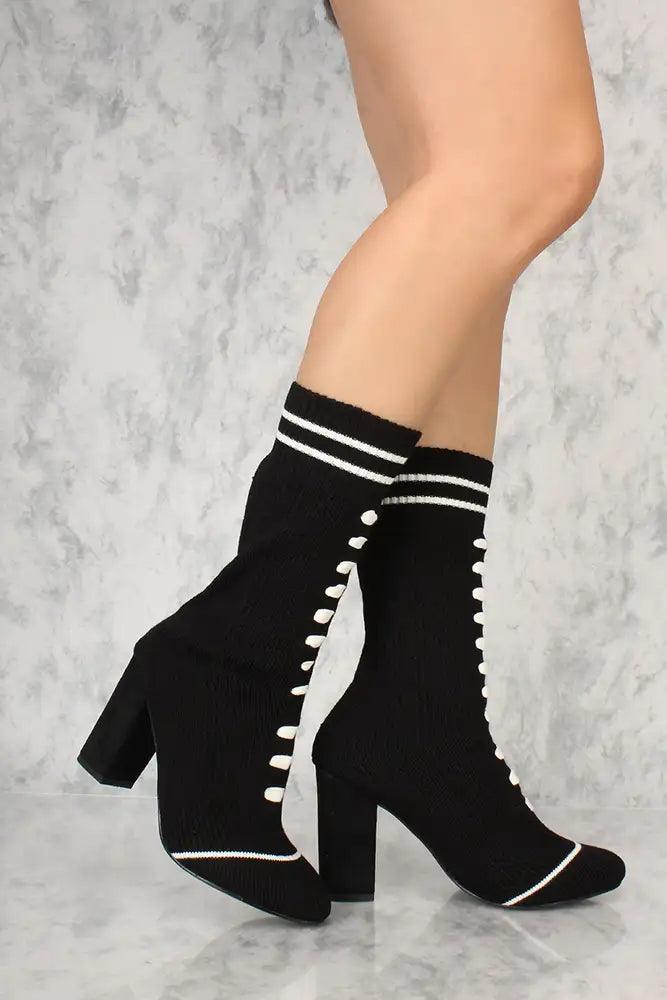 Sexy Black Knit Stripe Pattern Chunky Heel Sock Booties - AMIClubwear