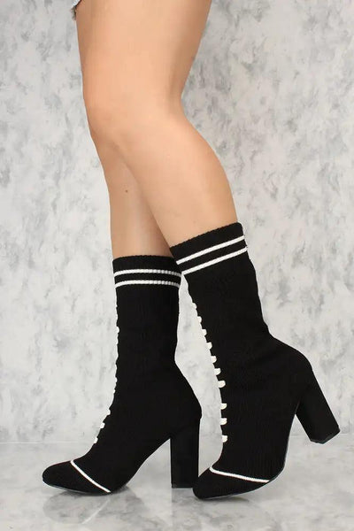 Sexy Black Knit Stripe Pattern Chunky Heel Sock Booties - AMIClubwear