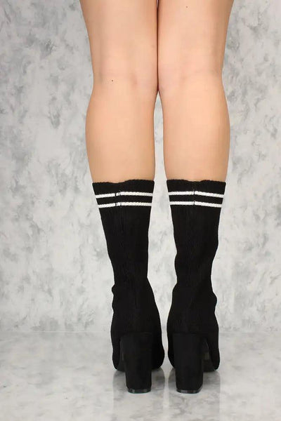 Sexy Black Knit Stripe Pattern Chunky Heel Sock Booties - AMIClubwear