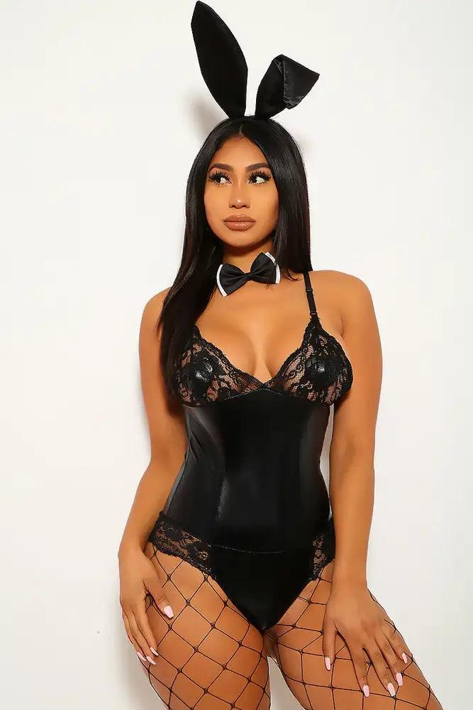 Sexy Black Lace Embroidered Patent 2 Pieces Costume - AMIClubwear