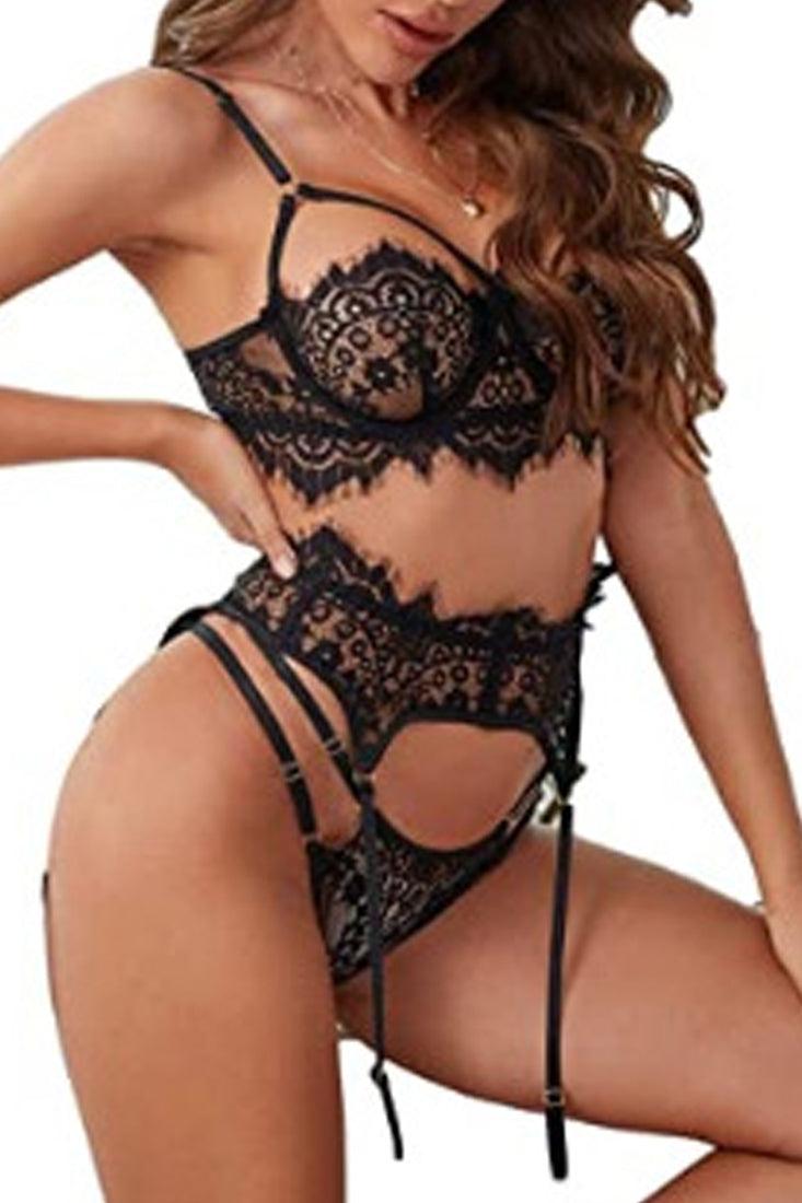 Sexy Black Lace Lingerie Set With Garter Straps - AMIClubwear