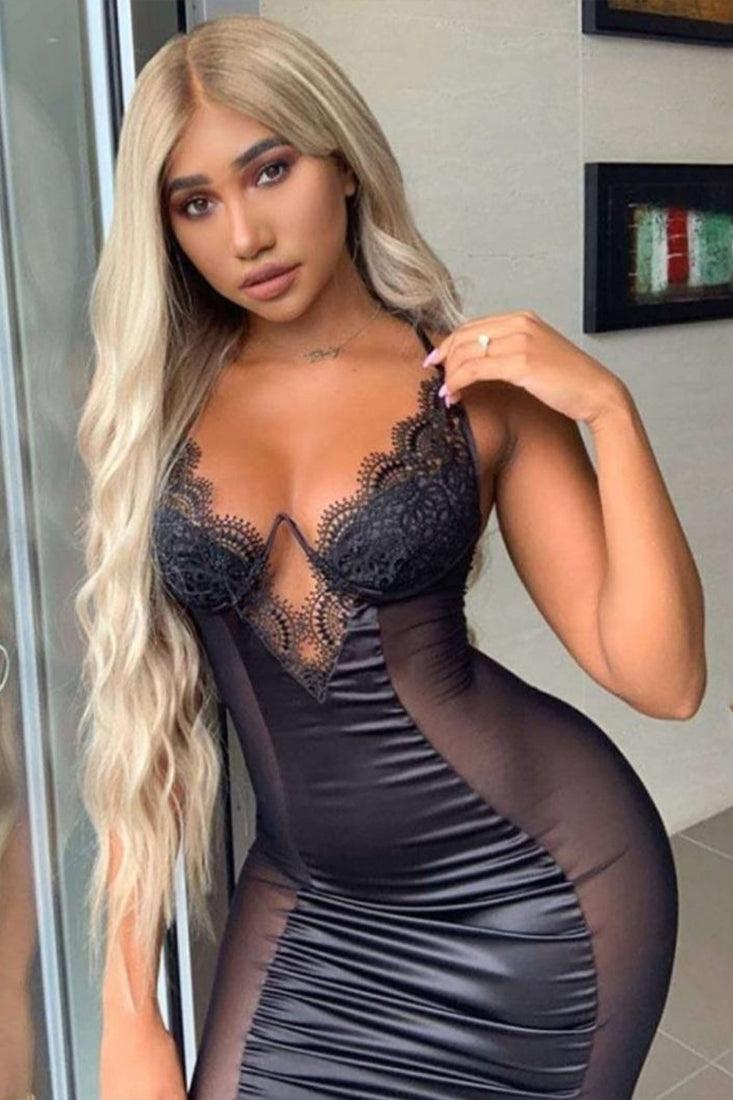 Sexy Black Lace Mesh Side Zip Up Party Dress - AMIClubwear