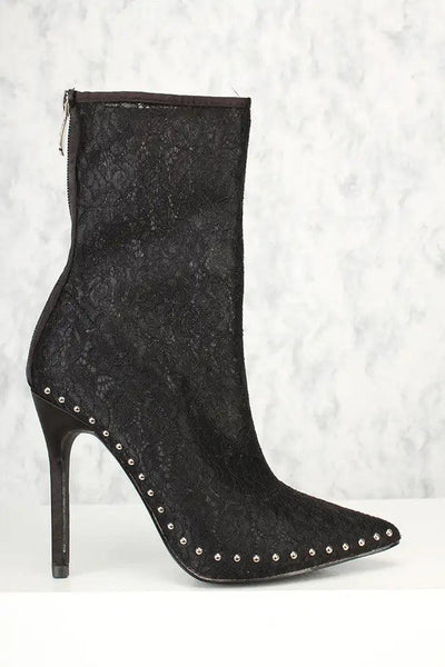 Sexy Black Lace Pointy Toe Studded Decor Single Sole Booties - AMIClubwear