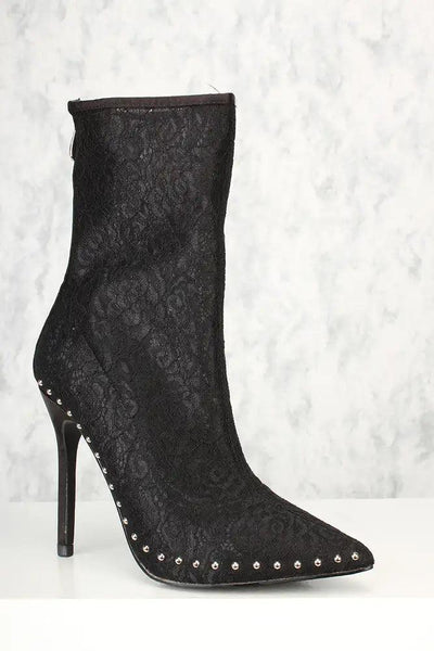 Sexy Black Lace Pointy Toe Studded Decor Single Sole Booties - AMIClubwear