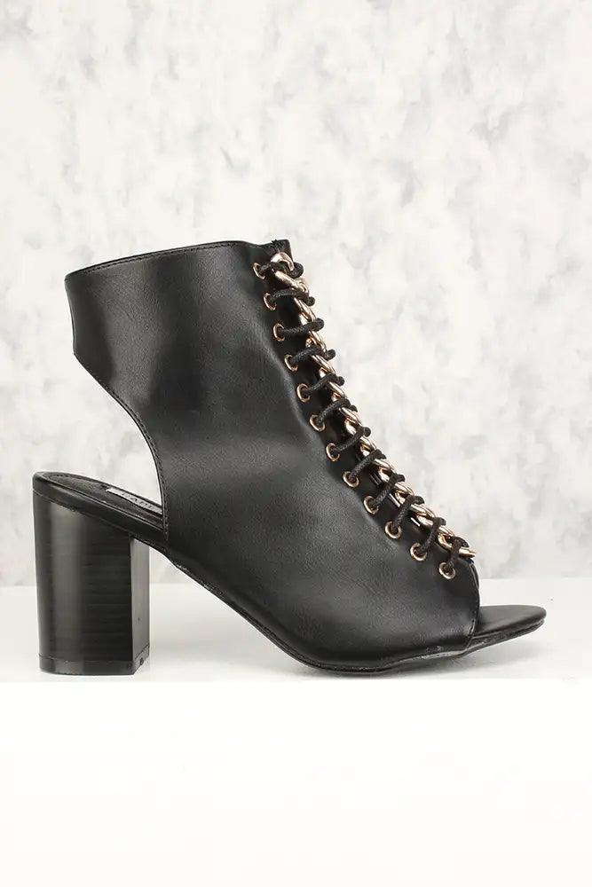 Sexy Black Lace Up Chunky Heel Booties Faux Leather - AMIClubwear