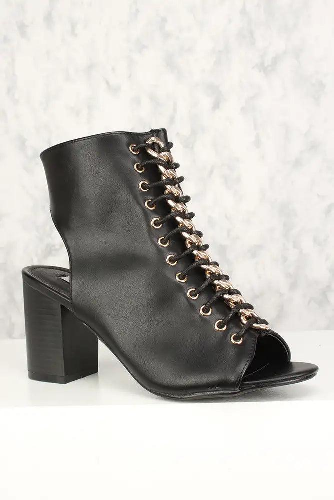 Sexy Black Lace Up Chunky Heel Booties Faux Leather - AMIClubwear